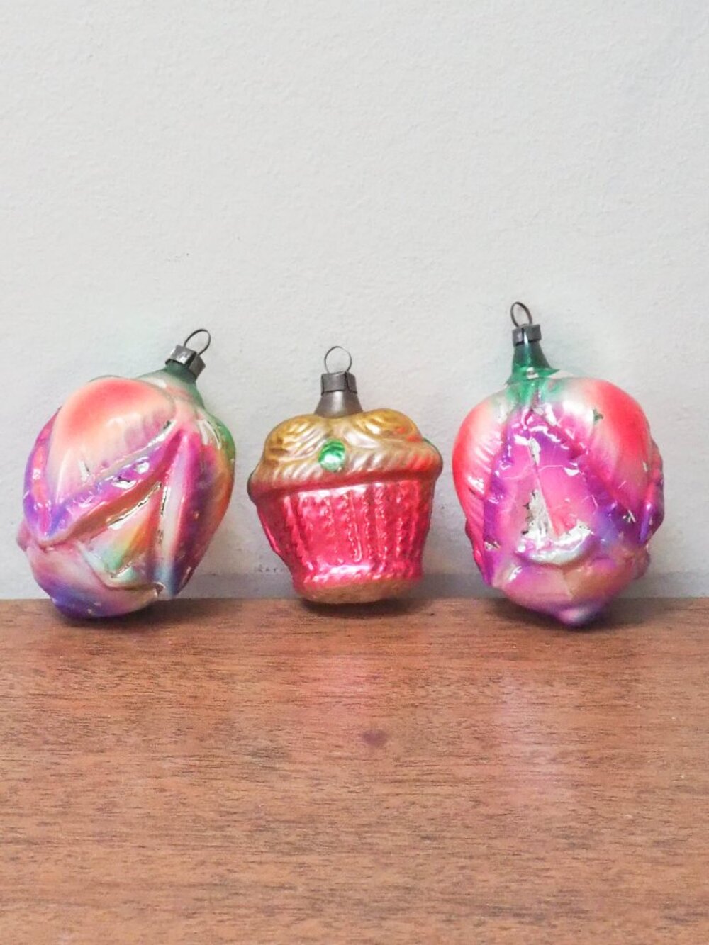 Vtg Glass Christmas Ornament Set of 3 - Pink Purple Christmas Tree Ornaments